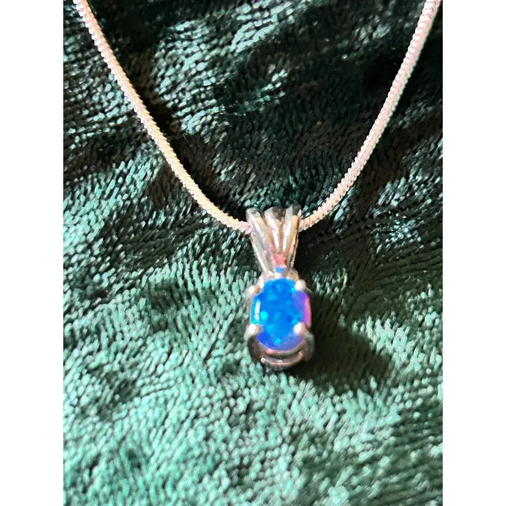925 Sterling Silver Blue Fire Opal Solitaire Necklace 16
